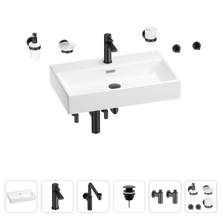 Раковина для ванной Wellsee Graceful Pro 201006747 в наборе 9 в 1: раковина белого глянцевого цвета, смеситель, сифон, донный клапан, угловые вентили, аксессуары (цвет набора матовый черный)