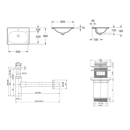 Комплект 3 в 1 Lavinia Boho Bathroom Sink 21520467: врезная фарфоровая раковина 60 см, металлический сифон, донный клапан