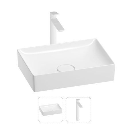 Раковина для ванной Wellsee Pure BY Wellsee 201000720 в наборе 2 в 1: прямоугольная раковина белого глянцевого цвета, высокий смеситель в цвете матовый белый
