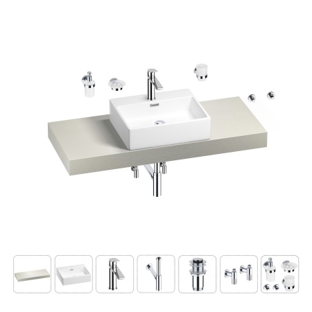 Раковина 50 см со столешницей 120 см Wellsee Graceful Pro 201012511 в наборе 10 в 1: столешница, раковина, смеситель, сифон, донный клапан, угловые вентили, аксессуары (цвет хром)