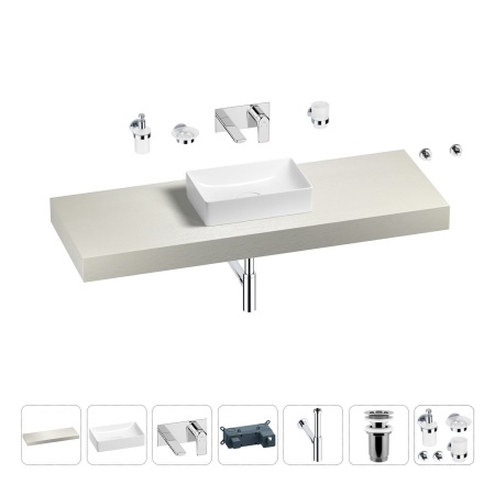 Раковина 42 см со столешницей 140 см Wellsee Pure BY Wellsee 201010986 в наборе 9 в 1: столешница, раковина, встраиваемый смеситель, сифон, выпуск, аксессуары (цвет набора хром)