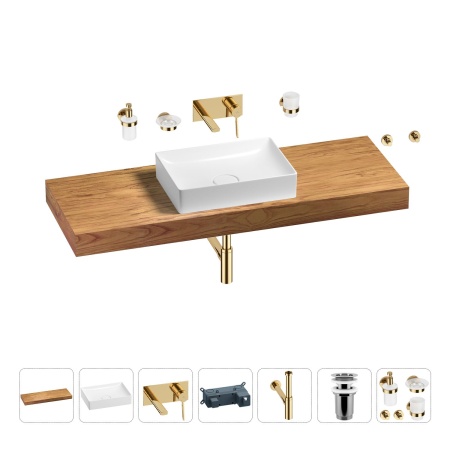 Раковина 50 см со столешницей 140 см Wellsee Pure BY Wellsee 201011488 в наборе 9 в 1: столешница, раковина, встраиваемый смеситель, сифон, выпуск, аксессуары (цвет набора золото)