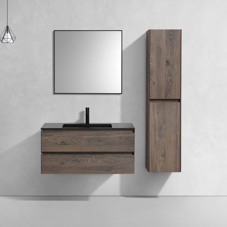 Тумба Vincea Luka 1000 подвесная, 2 выкатных ящика soft-close, R.Oak с умывальником VCB-13100B из кварца, цвет черный
