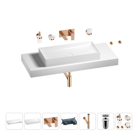 Раковина 75 см со столешницей 120 см Wellsee Pure BY Wellsee 201011764 в наборе 9 в 1: столешница, раковина, встраиваемый смеситель, сифон, выпуск, аксессуары (цвет набора розовое золото)
