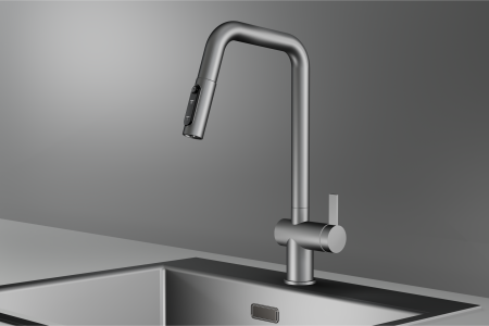 Смеситель для кухни Granula Kitchen Space 7273 сталь матовая, подключение к фильтру, выдвижной излив, с душем