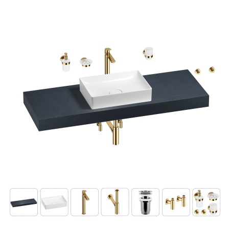 Раковина 50 см со столешницей 140 см Wellsee Pure BY Wellsee 201011453 в наборе 10 в 1: столешница, раковина, высокий смеситель, сифон, выпуск, кран-вентили, аксессуары (цвет золото)