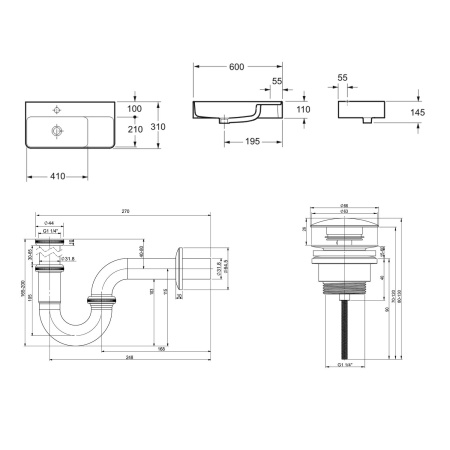 Комплект 3 в 1 Lavinia Boho Bathroom Sink 21520489: накладная фарфоровая раковина 60 см, металлический сифон, донный клапан