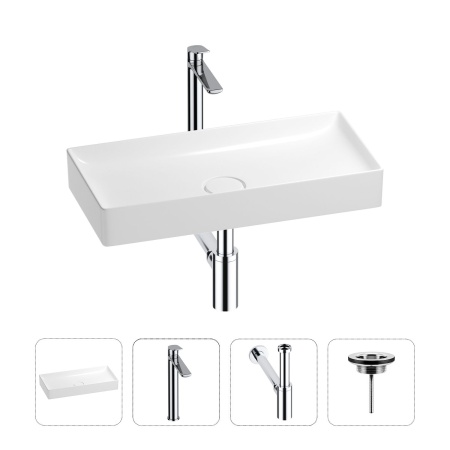 Раковина для ванной Wellsee Pure BY Wellsee 201002701 в наборе 4 в 1: раковина белого глянцевого цвета, высокий смеситель, сифон, выпуск (цвет набора хром)