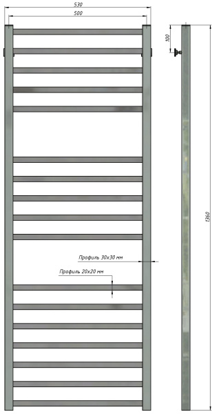 Полотенцесушитель водяной Stinox Quatro Luxe 500x1400, нижнее подключение, хром, 1/2" ВР (внутренняя резьба), 17 перекладин