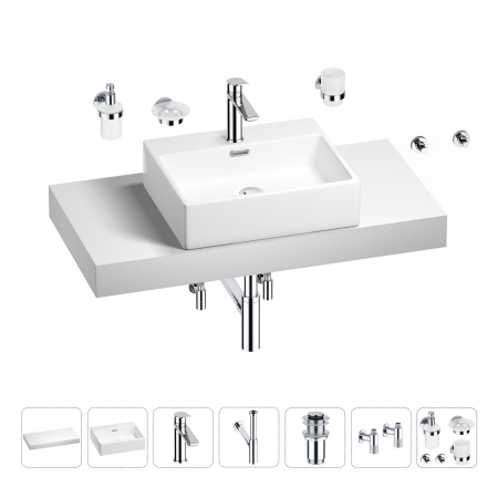 Раковина 50 см со столешницей 100 см Wellsee Graceful Pro 201012491 в наборе 10 в 1: столешница, раковина, смеситель, сифон, донный клапан, угловые вентили, аксессуары (цвет хром)