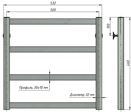 Полотенцесушитель водяной Stinox Maxima 500x500, нижнее подключение, хром, 1" НР (наружная резьба), 4 перекладины