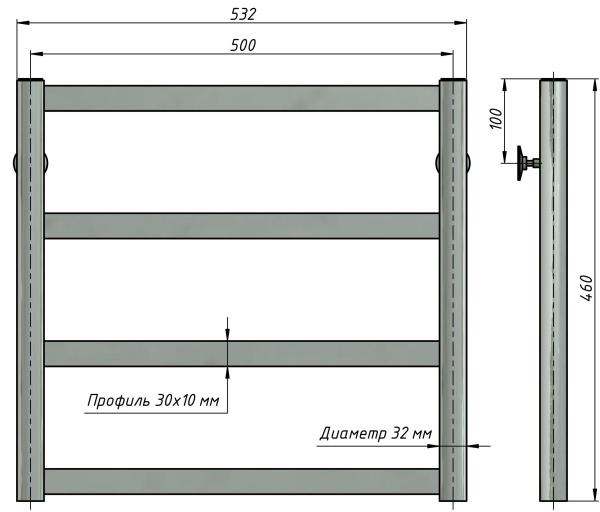 Полотенцесушитель водяной Stinox Maxima 500x500, нижнее подключение, хром, 1" НР (наружная резьба), 4 перекладины