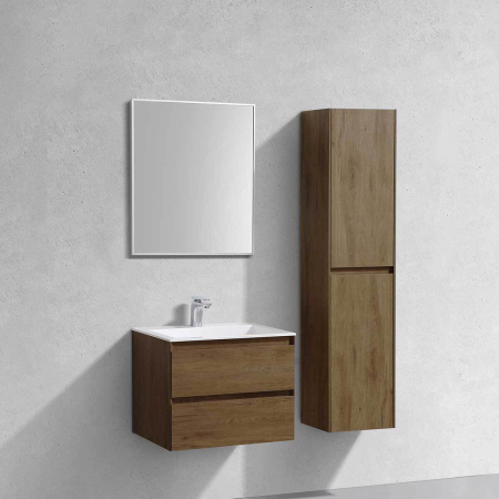 Тумба Vincea Luka 600 подвесная, 2 выкатных ящика soft-close, T.Oak с умывальником VCB-13600W из искусственного камня, цвет белый