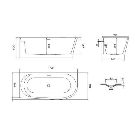 Ванна акриловая Vincea VBT-301-1700L, 1700*780*600, цвет белый, левая, слив-перелив в комплекте, хром