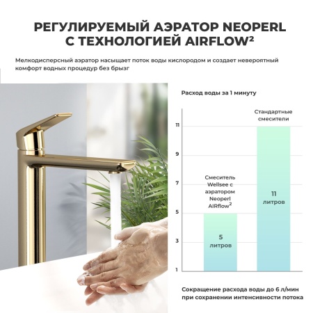 Раковина для ванной Wellsee Doux 201004173 в наборе 5 в 1: раковина белого глянцевого цвета, высокий смеситель, сифон, донный клапан, угловые вентили (цвет набора золото)