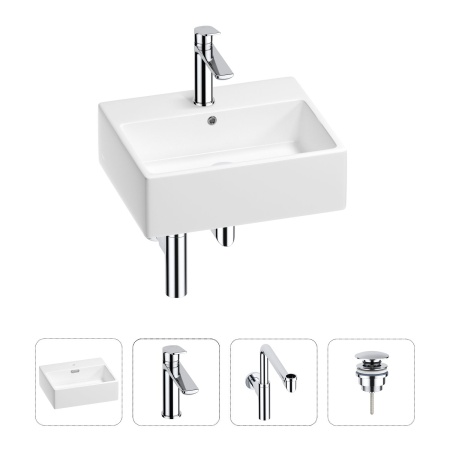 Раковина для ванной Wellsee Graceful Pro 201002941 в наборе 4 в 1: раковина белого глянцевого цвета, смеситель, сифон, донный клапан (цвет набора хром)