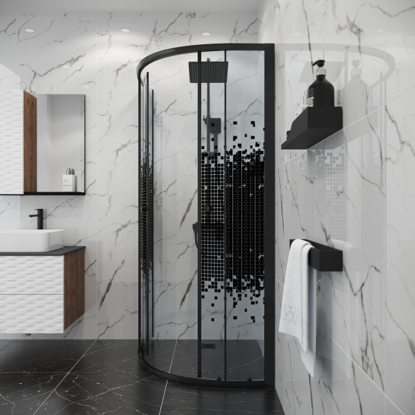 Душевое ограждение Niagara Eco NG-1007-14BLACK (90х90х190) четверть круга,раздвижное,черный,стекло мозаика