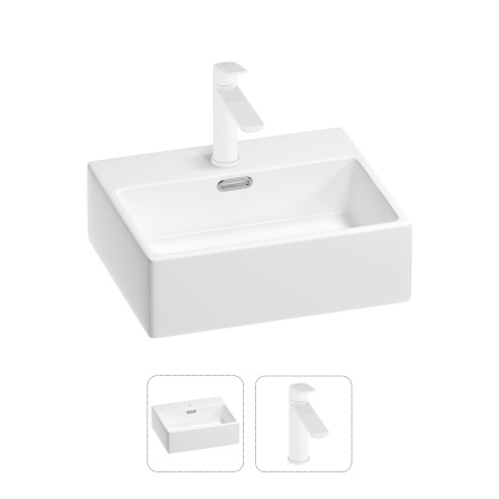 Раковина для ванной Wellsee Graceful Pro 201000780 в наборе 2 в 1: прямоугольная раковина белого глянцевого цвета, смеситель в цвете матовый белый