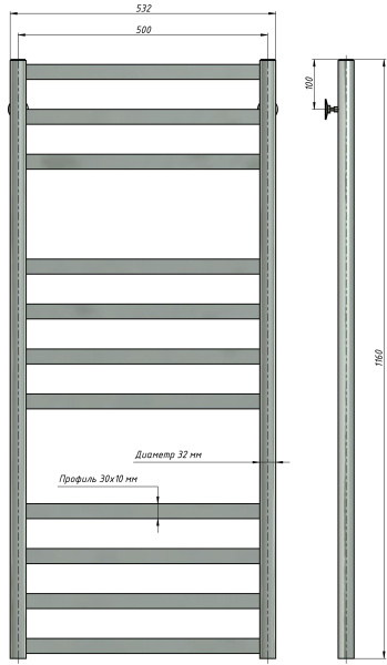 Полотенцесушитель водяной Stinox Maxima Luxe 500x1200, нижнее подключение, хром, 1/2" ВР (внутренняя резьба), 12 перекладин