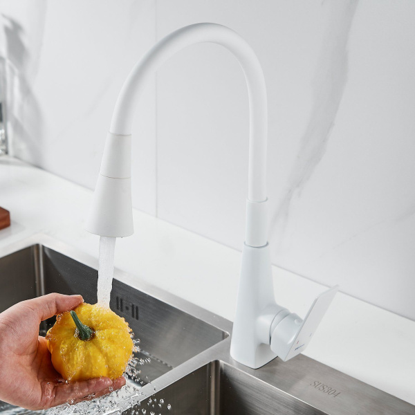 Смеситель для кухни с гибким изливом Shevanik S543C-1, белый