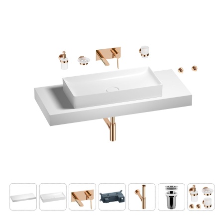Раковина 75 см со столешницей 120 см Wellsee Pure BY Wellsee 201011769 в наборе 9 в 1: столешница, раковина, встраиваемый смеситель, сифон, выпуск, аксессуары (цвет набора розовое золото)