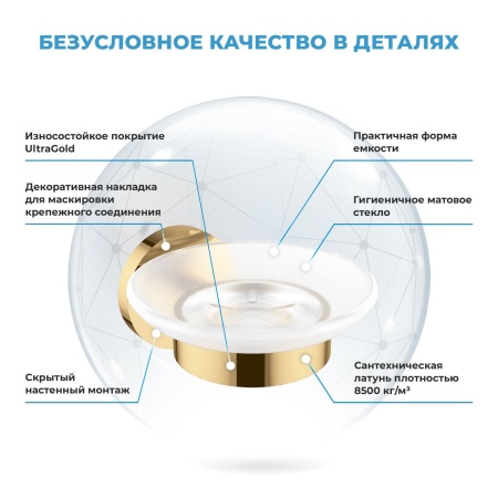 Стеклянная мыльница с латунным настенным держателем Wellsee Finishing Touch 182503000 (цвет мыльницы матовый, цвет держателя золотой). Для применения в ванной комнате и кухне