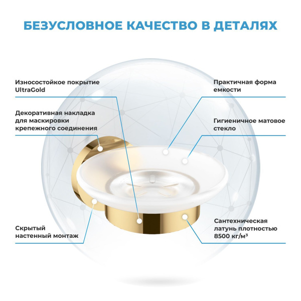 Стеклянная мыльница с латунным настенным держателем Wellsee Finishing Touch 182503000 (цвет мыльницы матовый, цвет держателя золотой). Для применения в ванной комнате и кухне