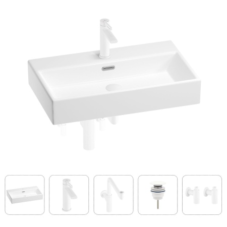 Раковина для ванной Wellsee Graceful Pro 201004675 в наборе 5 в 1: раковина белого глянцевого цвета, смеситель, сифон, донный клапан, угловые вентили (цвет набора матовый белый)