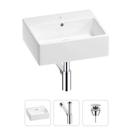 Раковина для ванной Wellsee Graceful Pro 201001326 в наборе 3 в 1: прямоугольная раковина белого глянцевого цвета, сифон, донный клапан в цвете хром
