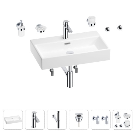Раковина для ванной Wellsee Graceful Pro 201006731 в наборе 9 в 1: раковина белого глянцевого цвета, смеситель, сифон, донный клапан, угловые вентили, аксессуары (цвет набора хром)
