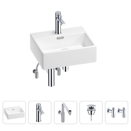 Раковина для ванной Wellsee Graceful Pro 201004571 в наборе 5 в 1: раковина белого глянцевого цвета, смеситель, сифон, донный клапан, угловые вентили (цвет набора хром)