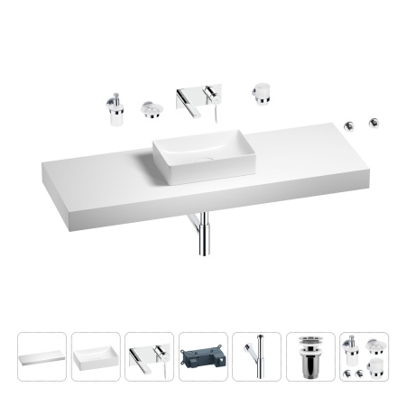 Раковина 42 см со столешницей 140 см Wellsee Pure BY Wellsee 201011051 в наборе 9 в 1: столешница, раковина, встраиваемый смеситель, сифон, выпуск, аксессуары (цвет набора хром)