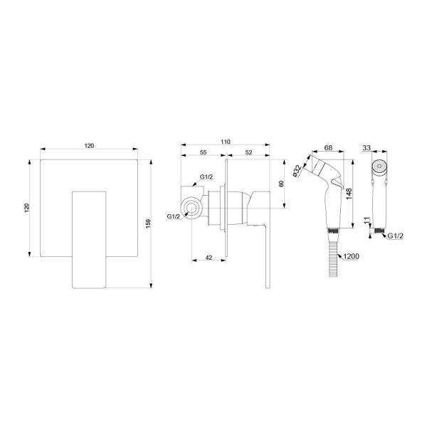 537510300 Gala Смеситель Damixa монтируемый в стену с гигиеническим душем, черный