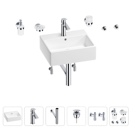 Раковина для ванной Wellsee Graceful Pro 201006671 в наборе 9 в 1: раковина белого глянцевого цвета, смеситель, сифон, донный клапан, угловые вентили, аксессуары (цвет набора хром)