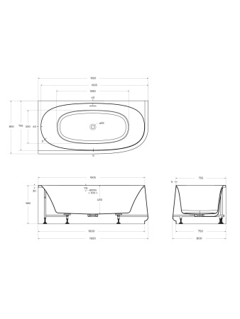 Акриловая ванна угловая левосторонняя CEZARES CZR-LUX-CORNER-165-80-58-L