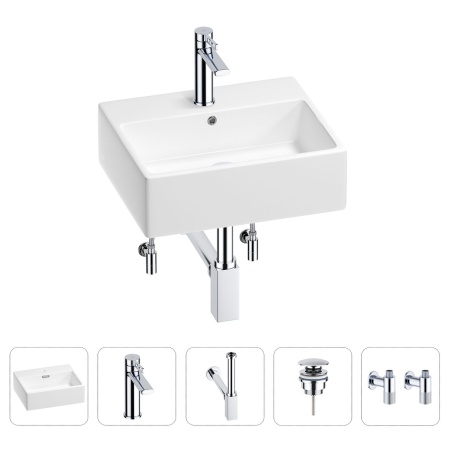 Раковина для ванной Wellsee Graceful Pro 201004591 в наборе 5 в 1: раковина белого глянцевого цвета, смеситель, сифон, донный клапан, угловые вентили (цвет набора хром)