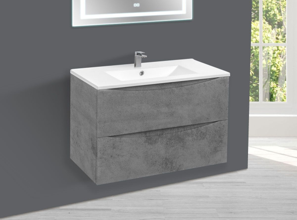 Тумба Vincea Mia 800 подвесная, 2 выкатных ящика soft close, Beton с умывальником VBS-13980 керамическая, цвет белый