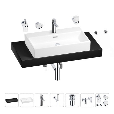 Раковина 70 см со столешницей 100 см Wellsee Graceful Pro 201012686 в наборе 10 в 1: столешница, раковина, смеситель, сифон, донный клапан, угловые вентили, аксессуары (цвет хром)