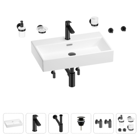 Раковина для ванной Wellsee Graceful Pro 201006702 в наборе 9 в 1: раковина белого глянцевого цвета, смеситель, сифон, донный клапан, угловые вентили, аксессуары (цвет набора матовый черный)