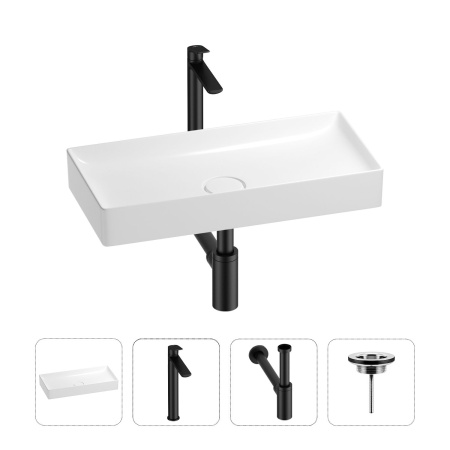 Раковина для ванной Wellsee Pure BY Wellsee 201002702 в наборе 4 в 1: раковина белого глянцевого цвета, высокий смеситель, сифон, выпуск (цвет набора матовый черный)