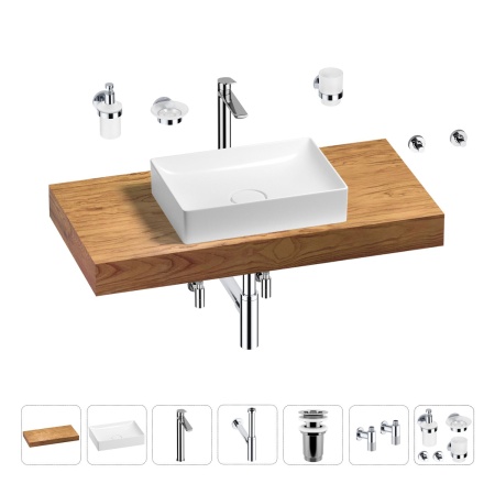 Раковина 50 см со столешницей 100 см Wellsee Pure BY Wellsee 201011231 в наборе 10 в 1: столешница, раковина, высокий смеситель, сифон, выпуск, кран-вентили, аксессуары (цвет хром)