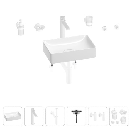 Раковина для ванной Wellsee Pure BY Wellsee 201006325 в наборе 9 в 1: раковина белого глянцевого цвета, высокий смеситель, сифон, выпуск, угловые вентили, аксессуары (цвет матовый белый)