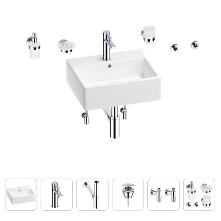 Раковина для ванной Wellsee Graceful Pro 201006656 в наборе 9 в 1: раковина белого глянцевого цвета, смеситель, сифон, донный клапан, угловые вентили, аксессуары (цвет набора хром)