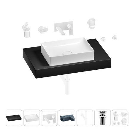 Раковина 50 см со столешницей 80 см Wellsee Pure BY Wellsee 201011185 в наборе 9 в 1: столешница, раковина, встраиваемый смеситель, сифон, выпуск, аксессуары (цвет набора матовый белый)
