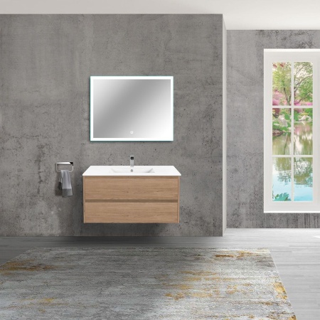 Тумба Vincea Gio 100 подвесная, 2 выкатных ящика soft-close, N.Oak с умывальником VBS-13100 керамическая, цвет белый