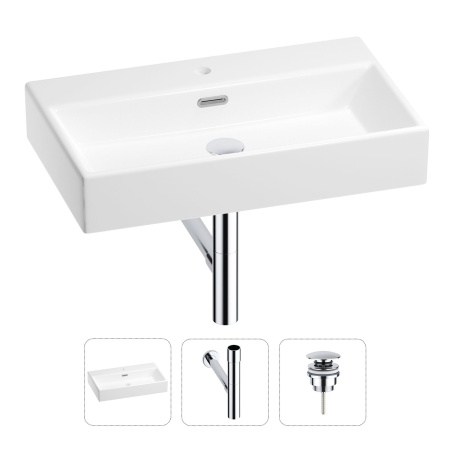 Раковина для ванной Wellsee Graceful Pro 201001361 в наборе 3 в 1: прямоугольная раковина белого глянцевого цвета, сифон, донный клапан в цвете хром
