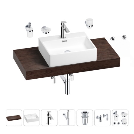 Раковина 50 см со столешницей 100 см Wellsee Graceful Pro 201012481 в наборе 10 в 1: столешница, раковина, смеситель, сифон, донный клапан, угловые вентили, аксессуары (цвет хром)