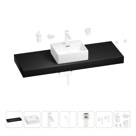 Раковина 43 см со столешницей 140 см Wellsee Graceful Pro 201012385 в наборе 10 в 1: столешница, раковина, смеситель, сифон, донный клапан, угловые вентили, аксессуары (цвет матовый белый)