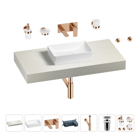 Раковина 42 см со столешницей 100 см Wellsee Pure BY Wellsee 201010809 в наборе 9 в 1: столешница, раковина, встраиваемый смеситель, сифон, выпуск, аксессуары (цвет набора розовое золото)