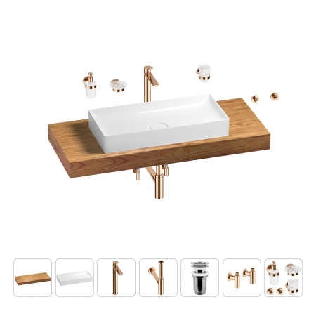 Раковина 75 см со столешницей 120 см Wellsee Pure BY Wellsee 201011714 в наборе 10 в 1: столешница, раковина, высокий смеситель, сифон, выпуск, кран-вентили, аксессуары (цвет розовое золото)
